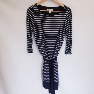 White House Black Market, Black & White Stripe Belted Knee Length Dress, Size S